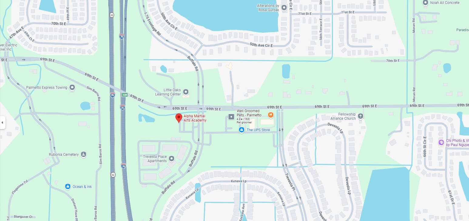Map showing Alpha Martial Arts Academy location at 6849 Buffalo Rd, Palmetto, FL 34221